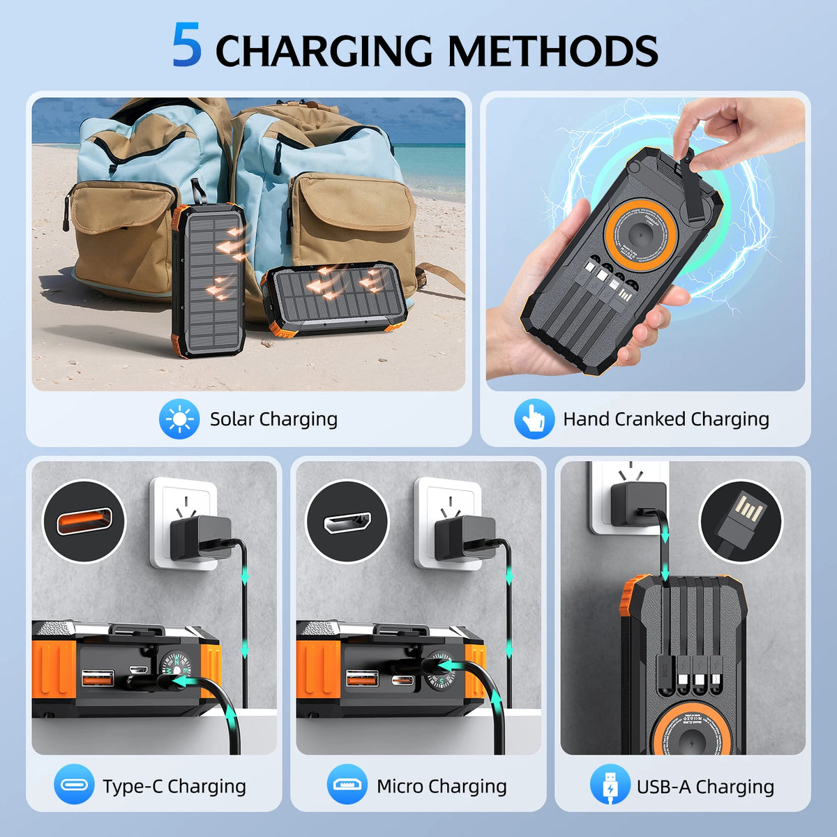 Solar Power Bank with Hand Crank & Built-in Charging Cables