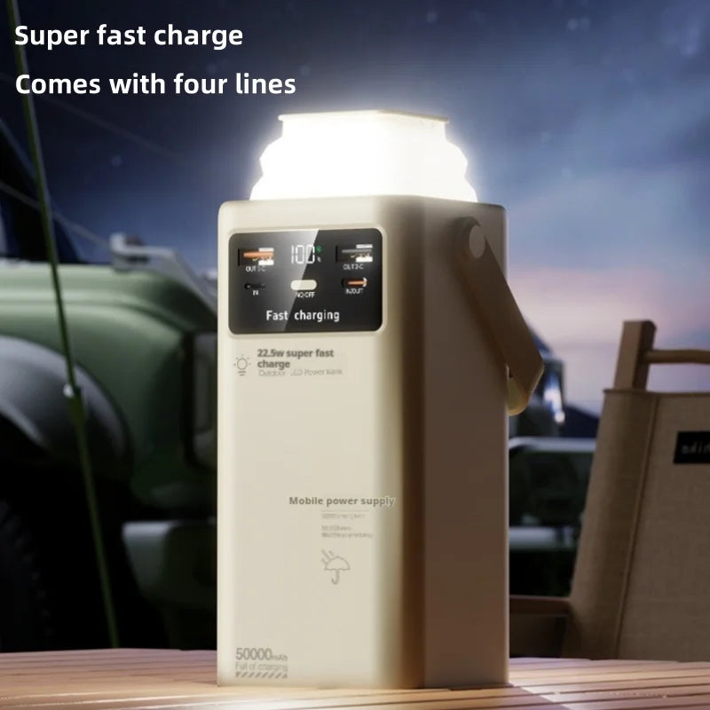 Outdoor Power Bank with Built-in Cables & LED Camping Light