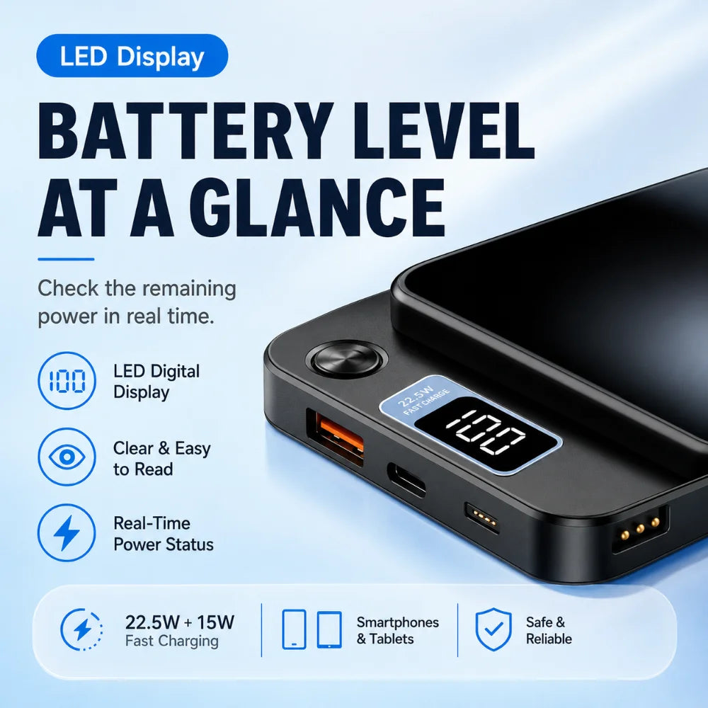 Magnetic Wireless Power Bank with Dual USB & LED Light