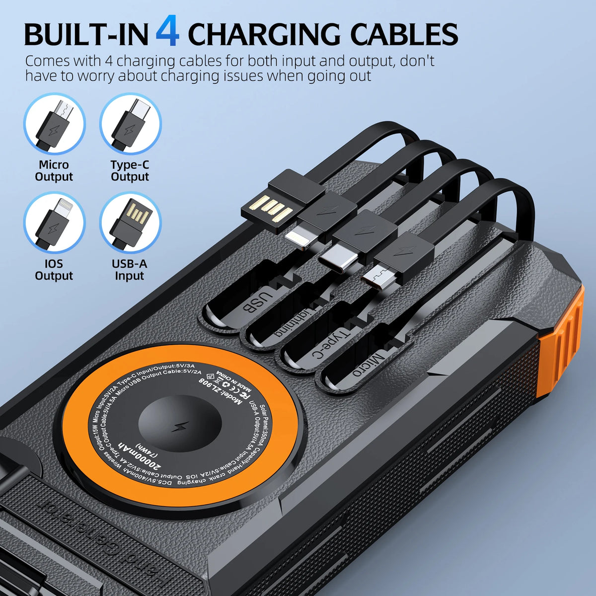 Solar Power Bank with Hand Crank & Built-in Charging Cables