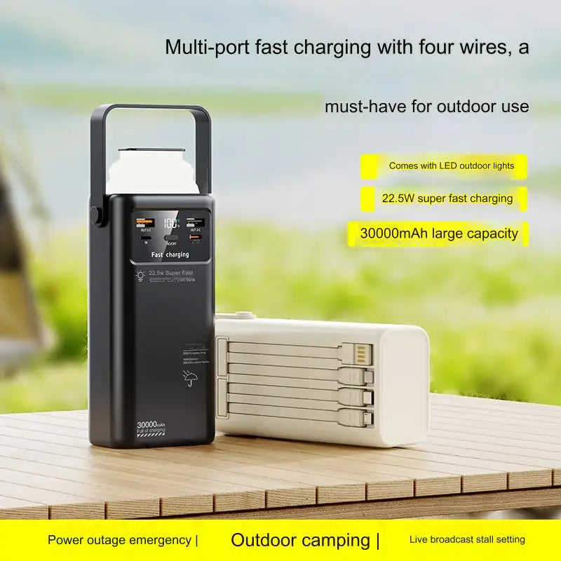 Outdoor Power Bank with Built-in Cables & LED Camping Light