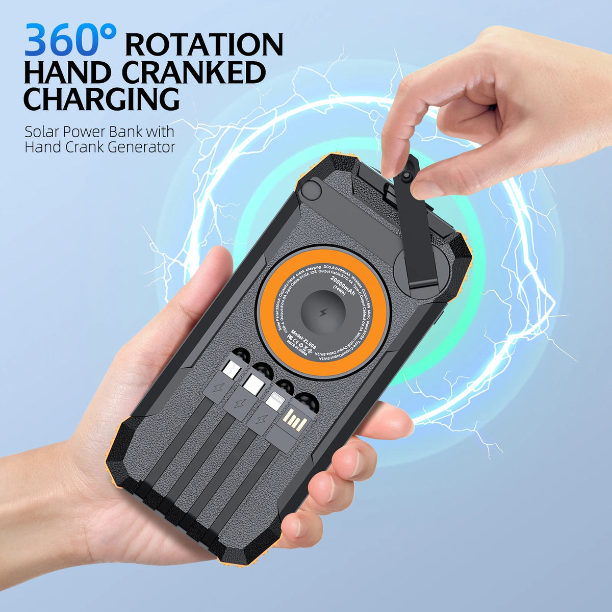 Solar Power Bank with Hand Crank & Built-in Charging Cables