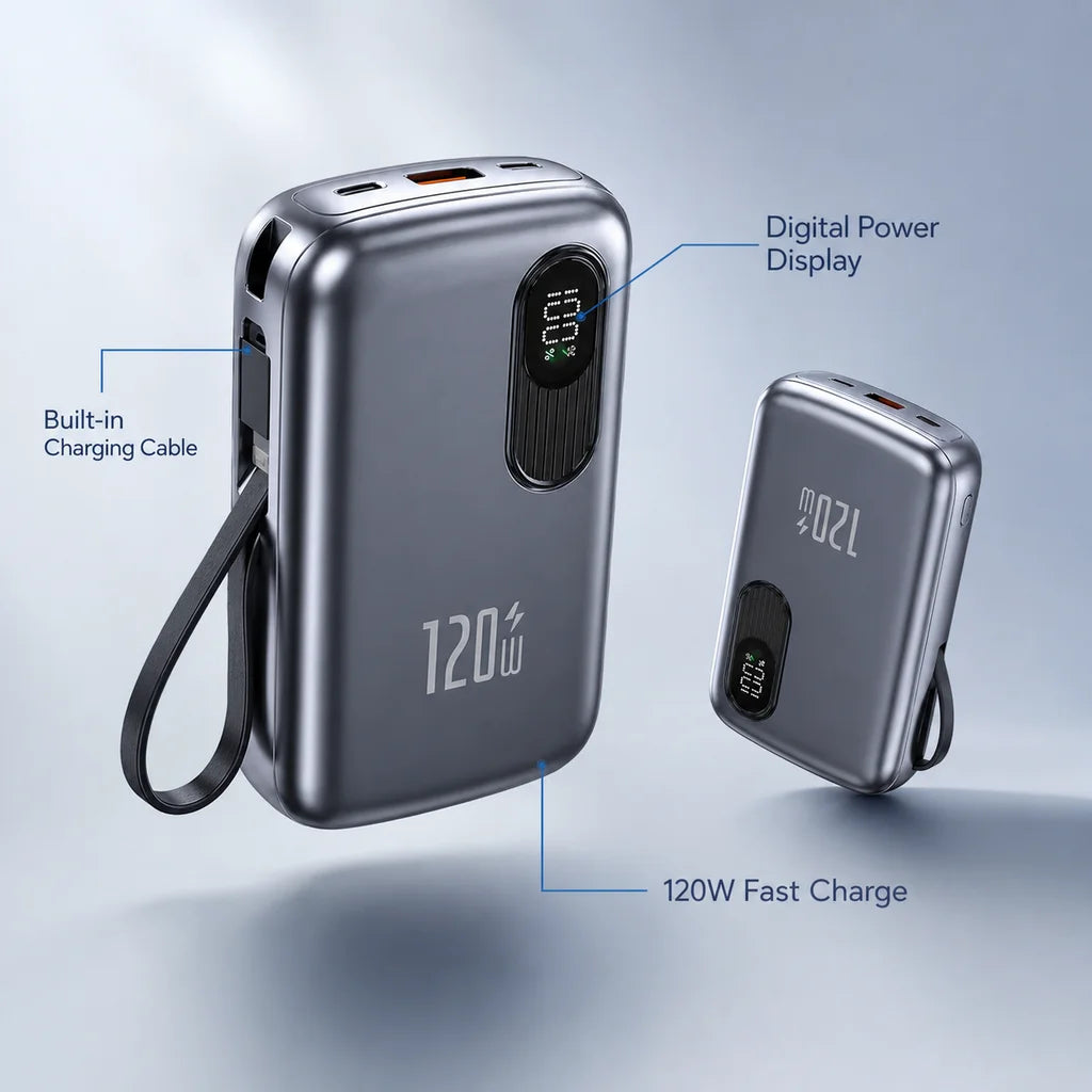 Portable Power Bank with Built-in Cable & Digital Display